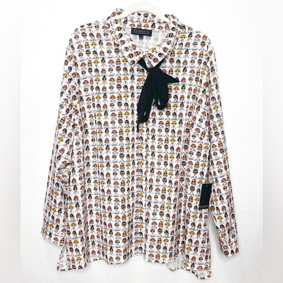 ELOQUII Printed Tie-Neck Women’s Face Diversity Button Front Blouse Size 26 - Picture 2 of 9